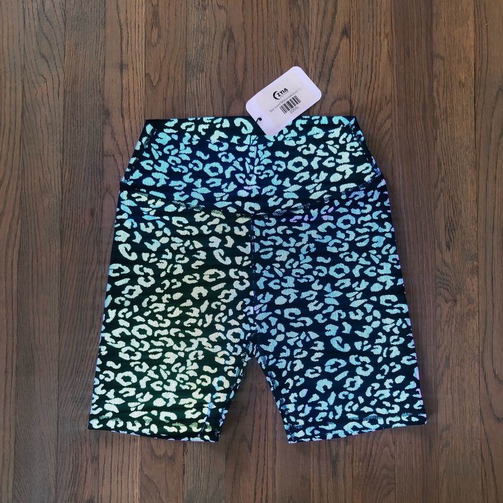 ZYIA Black and Teal Leopard Print Biker Shorts